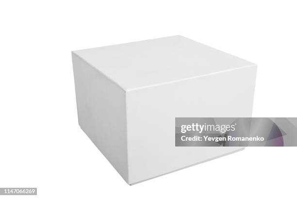 blank white gift box on white background - karton freisteller stock-fotos und bilder