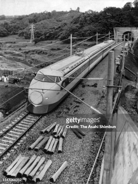 Test train of Tokaido Shinkansen runs on June 26, 1962 in Odawara, Kanagawa, Japan.