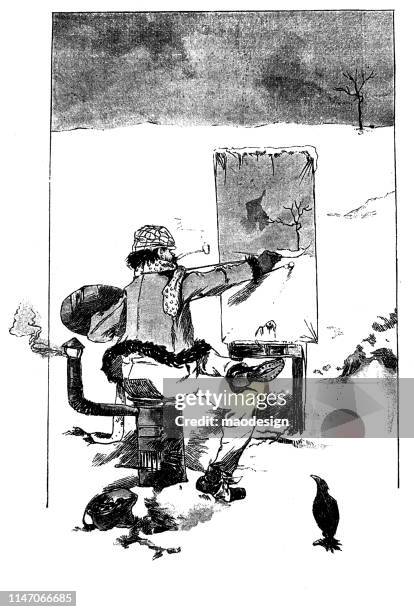 outdoor painter with a fireplace on which he sits - fire pit outside stock illustrations