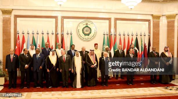 Arab League leaders are posing for a family picture ahead of the extraordinary Arab summit held at al-Safa Royal Palace in Mecca on May 31, 2019. -...