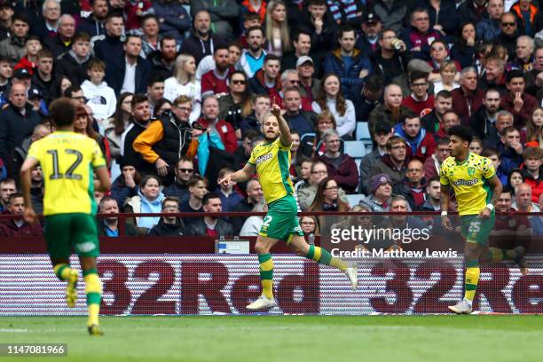 Teemu Pukki of Norwich City celebrates after scoring his team's first goal during the Sky Bet Championship match between Aston Villa and Norwich City...