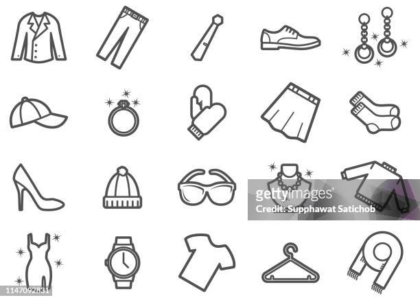 bekleidungs-und bekleidungs-linie-icons set - baseballmütze stock-grafiken, -clipart, -cartoons und -symbole