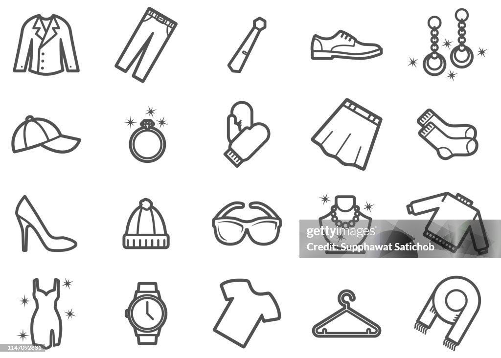 Ícones da linha da roupa e do fato ajustados