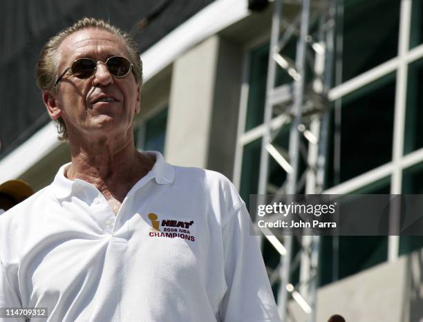 Head Coach Pat Riley of the Miami Heat celebrates during the victory parade and celebration at American Airlines Arena on June 23, 2006 in Miami,...