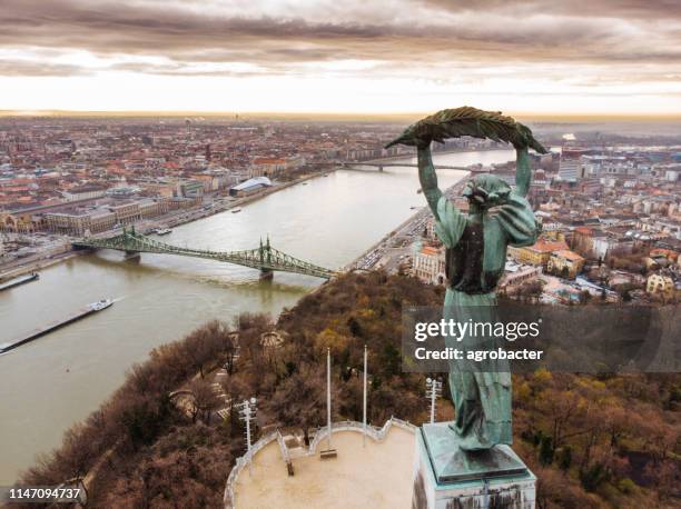 aerial view of the beautiful hungarian statue of liberty - beautiful blue danube stock pictures, royalty-free photos & images
