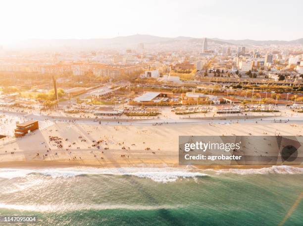 flyg foto över barceloneta stranden - barceloneta beach bildbanksfoton och bilder