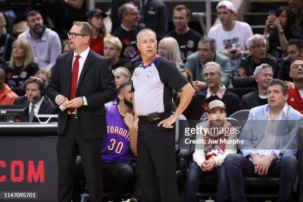 Referee Jason Phillips looks on during Game One of the NBA Finals between the Golden State Warriors and the Toronto Raptors on May 30, 2019 at...