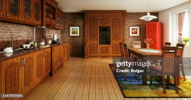 domestic kitchen and dining room - rustic dining room stock pictures, royalty-free photos & images