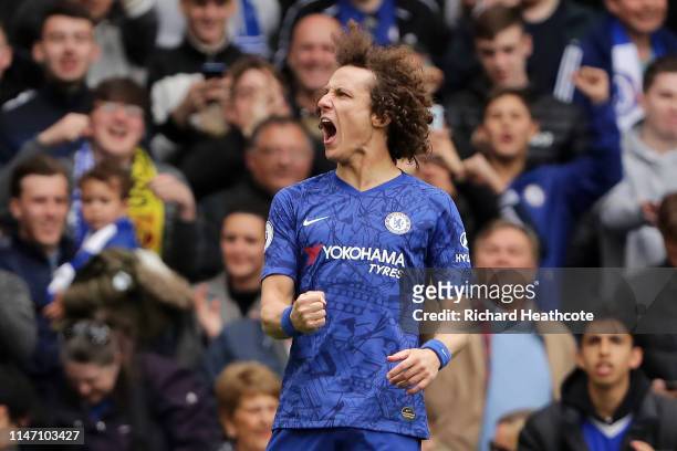 David Luiz of Chelsea celebrates after scoring his team's second goal during the Premier League match between Chelsea FC and Watford FC at Stamford...