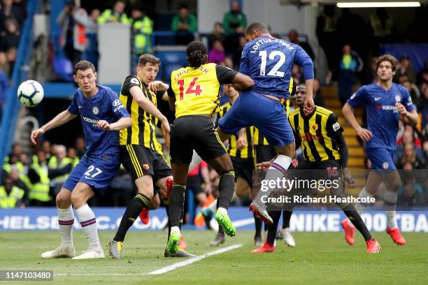 Ruben Loftus-Cheek of Chelsea scores his team's first goal during the Premier League match between Chelsea FC and Watford FC at Stamford Bridge on...