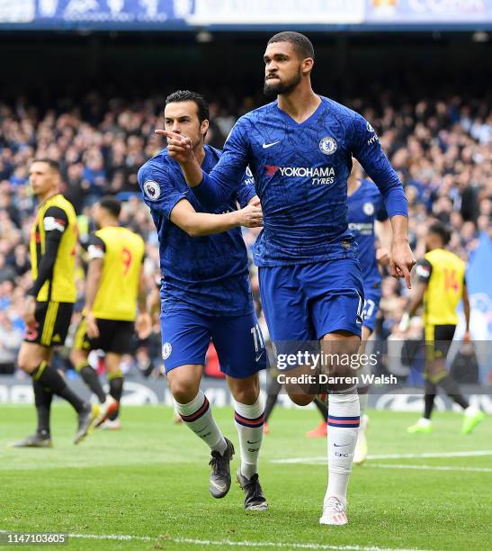 Ruben Loftus-Cheek of Chelsea celebrates as he scores his team's first goal with Pedro during the Premier League match between Chelsea FC and Watford...