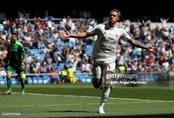 Mariano of Real Madrid celebrates after scoring his team's first goal during the La Liga match between Real Madrid CF and Villarreal CF at Estadio...