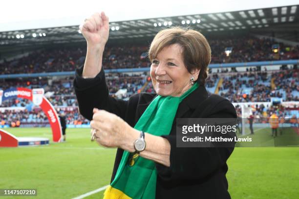 Delia Smith celebrates winning the title after the Sky Bet Championship match between Aston Villa and Norwich City at Villa Park on May 05, 2019 in...