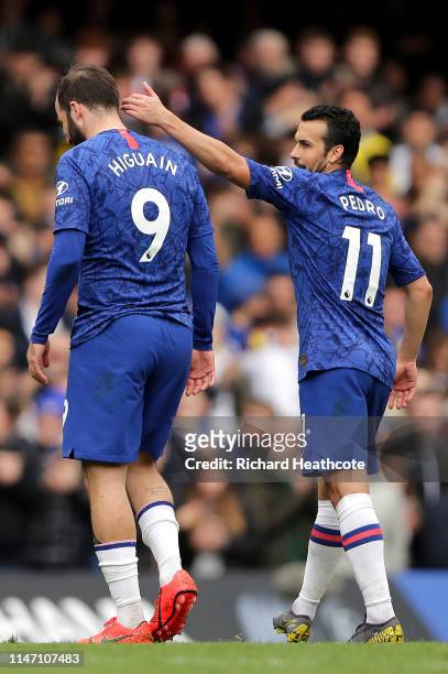 Gonzalo Higuain of Chelsea celebrates as as he scores his team's third goal with Pedro during the Premier League match between Chelsea FC and Watford...
