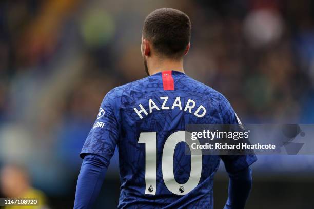 Eden Hazard of Chelsea looks on during the Premier League match between Chelsea FC and Watford FC at Stamford Bridge on May 05, 2019 in London,...