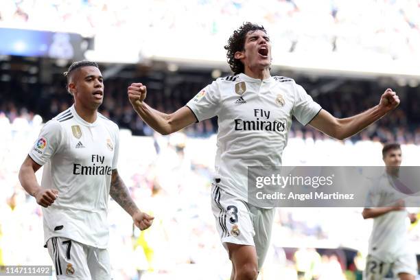 Jesus Vallejo of Real Madrid celebrates as scores his team's second goal during the La Liga match between Real Madrid CF and Villarreal CF at Estadio...