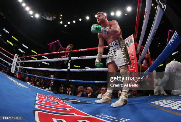 Canelo Alvarez comes out of his corner during his unanimous decision win over Daniel Jacobs in their middleweight unification fight at T-Mobile Arena...