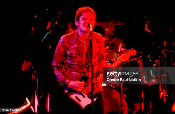 American Rock musician Billy Corgan, of the group Smashing Pumpkins. Plays guitar as he performs onstage at the Metro, Chicago, Illinois, April 15,...