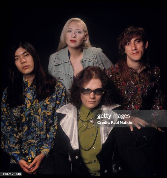 Portrait of the members of American Rock group Smashing Pumpkins as they pose in a photo studio, Chicago, Illinois, May 10, 1991. Pictures are,...