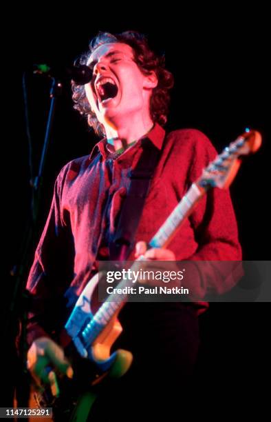 American Rock musician Billy Corgan, of the group Smashing Pumpkins, plays guitar as he performs onstage at the World Music Theater, Tinley Park,...