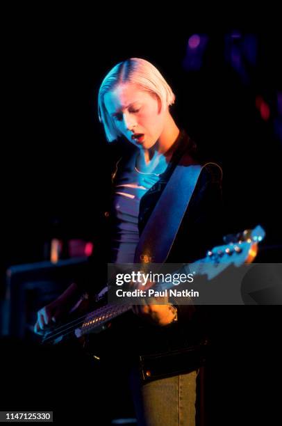 American Rock musician D'Arcy Wretzky, of the group Smashing Pumpkins, plays guitar as she performs onstage at the World Music Theater, Tinley Park,...