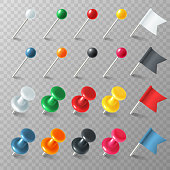 Pins flags tacks. Colored pointer marker pin flag tack pinned board pushpin organized announcement, realistic vector set