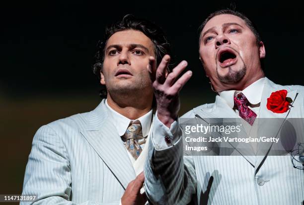 German singers tenor Jonas Kaufmann and bass Rene Pape perform during the final dress rehearsal prior to the premiere of the Metropolitan Opera/Des...