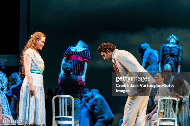 Along with the company, Russian soprano Marina Poplavskaya and German tenor Jonas Kaufmann perform during the final dress rehearsal prior to the...