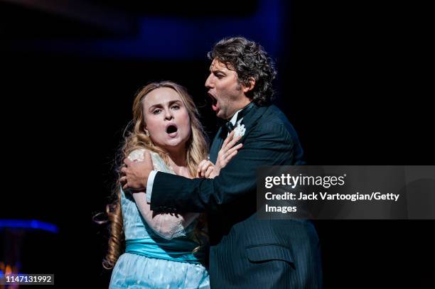 Russian soprano Marina Poplavskaya and German tenor Jonas Kaufmann perform during the final dress rehearsal prior to the premiere of the Metropolitan...