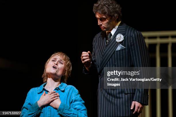 Russian soprano Marina Poplavskaya and German tenor Jonas Kaufmann perform during the final dress rehearsal prior to the premiere of the Metropolitan...