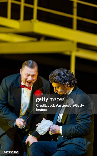 German singers bass Rene Pape and tenor Jonas Kaufmann perform during the final dress rehearsal prior to the premiere of the Metropolitan Opera/Des...