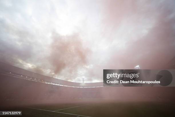 General view inside the stadium as the game is delayed due to flares being set off during the Dutch Toto KNVB Cup Final between Willem II and Ajax at...