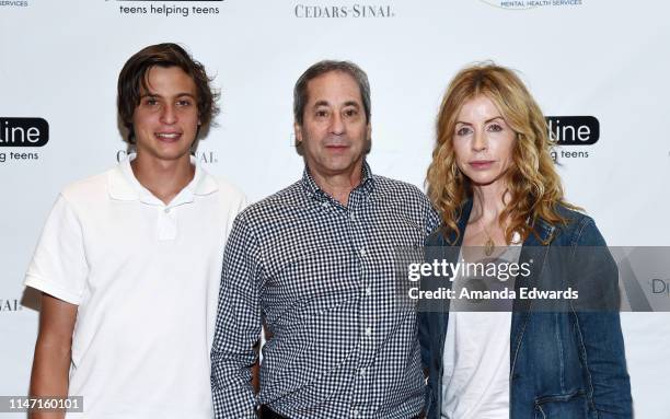 Jackson Gurvitz, producer Marc Gurvitz and model Julianne Phillips arrive at the Teen Line 2019 Food For Thought Brunch at the UCLA Meyer and Renee...