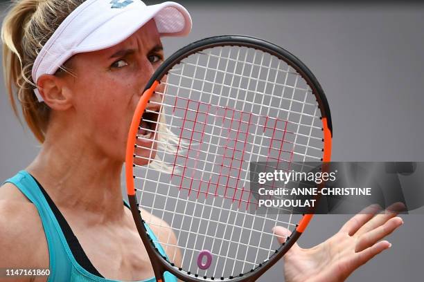 Ukraine's Lesia Tsurenko celebrates after winning against Serbia's Aleksandra Krunic after winning their women's singles third round match on day six...