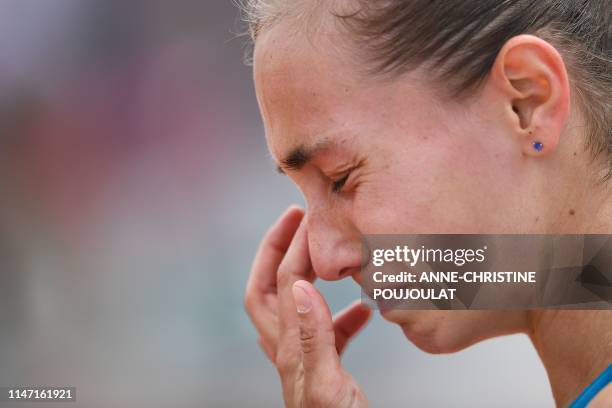 Serbia's Aleksandra Krunic reacts after loosing against Ukraine's Lesia Tsurenko at the end women's singles third round match on day six of The...