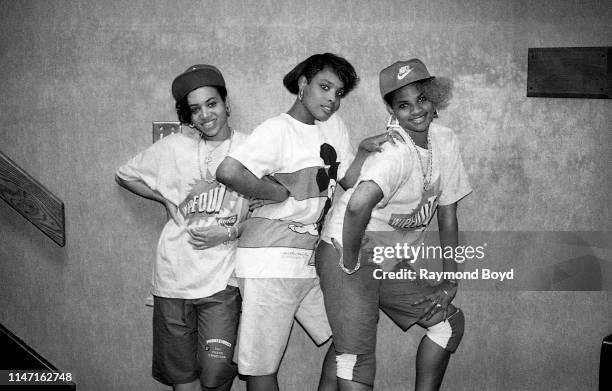 Rapper Salt, DJ Spinderella and rapper Pepa from Salt-N-Pepa poses for photos backstage at the Holiday Star Theatre in Merrillville, Indiana in June...