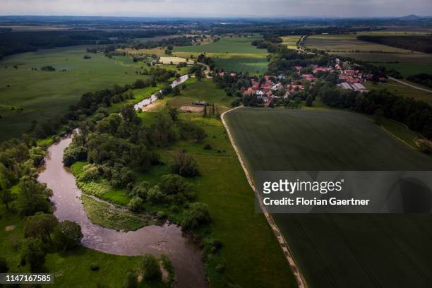 This aerial photograph shows the border river Neisse on May 31, 2019 in Zentendorf, Germany. The Neisse is the border between Poland and Germany.