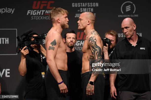 Alexander Gustafsson of Sweden and Anthony Smith face off during the UFC Fight Night weigh-in at Ericsson Globe on May 31, 2019 in Stockholm, Sweden.