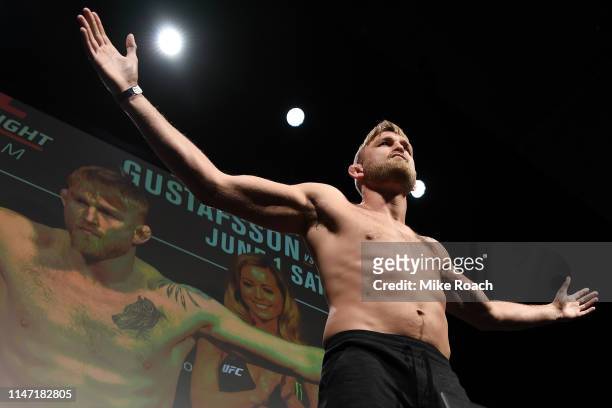 Alexander Gustafsson of Sweden poses on the scale during the UFC Fight Night weigh-in at Ericsson Globe on May 31, 2019 in Stockholm, Sweden.