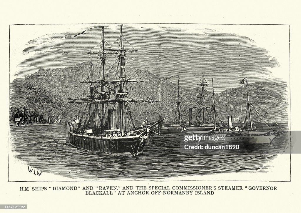 Royal Navy warships, HMS Diamond and Raven, anchored Normanby Island