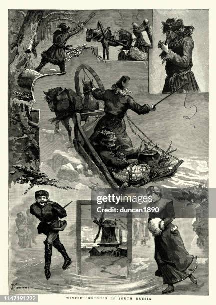 winter sketches in south russia, 19th century, ice skating, sledging - russian ethnicity stock illustrations