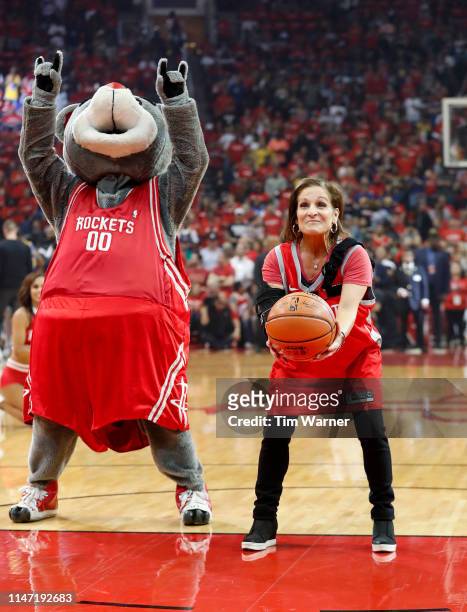 Olympic gymnast Mary Lou Retton takes the First Shot during Game Three of the Second Round of the 2019 NBA Western Conference Playoffs between the...