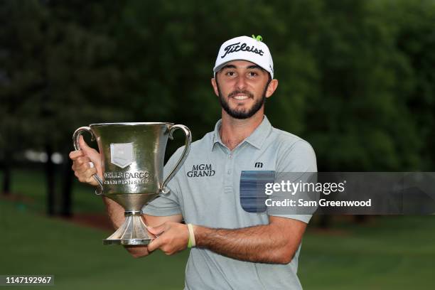 Max Homa poses with the trophy after winning the 2019 Wells Fargo Championship at Quail Hollow Club on May 05, 2019 in Charlotte, North Carolina.