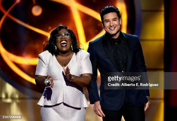 Hosts Sheryl Underwood and Mario Lopez speak onstage at the 46th annual Daytime Emmy Awards at Pasadena Civic Center on May 05, 2019 in Pasadena,...
