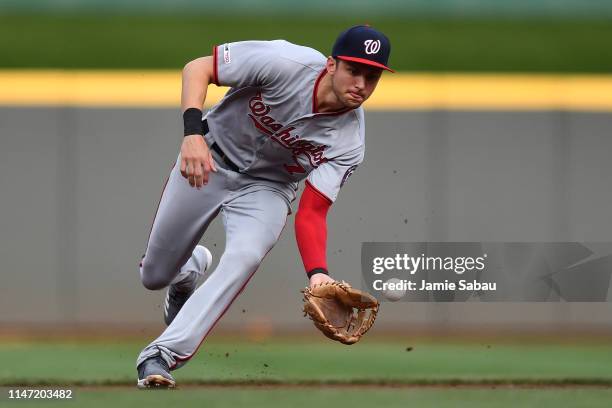 Trea Turner of the Washington Nationals fields a ground ball in the first inning against the Cincinnati Reds at Great American Ball Park on May 31,...