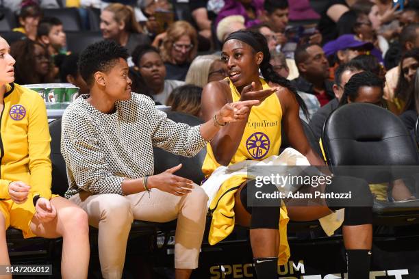 Alana Beard talks with Chiney Ogwumike of the Los Angeles Sparks during the game against the Connecticut Sun on May 31, 2019 at the Staples Center in...