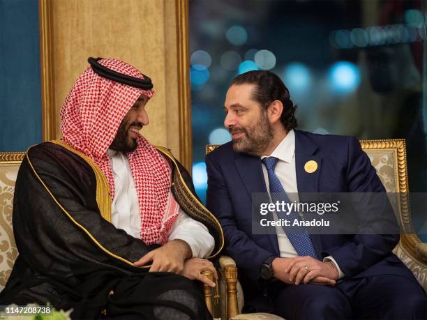 Crown Prince of Saudi Arabia Mohammad Bin Salman Al Saud talks with Prime Minister of Lebanon Saad Hariri ahead of the 14th Islamic Summit of the...