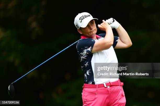 Katie Tebbet of Rothley Park GC tees off during the Titleist & FootJoy Women's PGA Professional Championship at Trentham Golf Club on May 31, 2019 in...