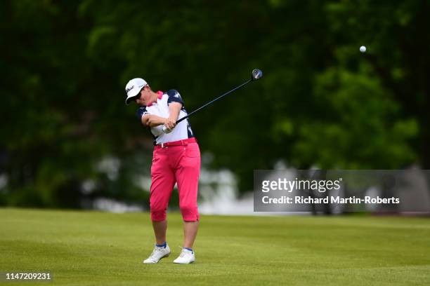 Katie Tebbet of Rothley Park GC hits an approach shot during the Titleist & FootJoy Women's PGA Professional Championship at Trentham Golf Club on...