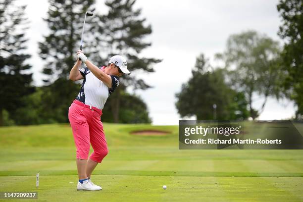 Katie Tebbet of Rothley Park GC tees off during the Titleist & FootJoy Women's PGA Professional Championship at Trentham Golf Club on May 31, 2019 in...